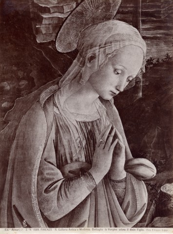 Alinari, Fratelli — Firenze - R. Galleria Antica e Moderna. Dettaglio la Vergine adora il divin Figlio. Fra Filippo Lippi — particolare